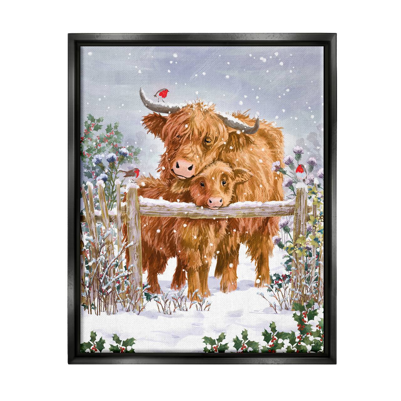 Stupell Industries Winter Cattle Cuddling Snow Scene Framed Floater Canvas Wall Art